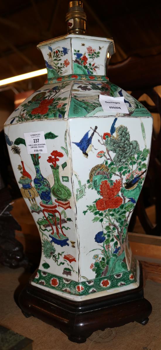 Famille verte hexagonal lamp base, cracked